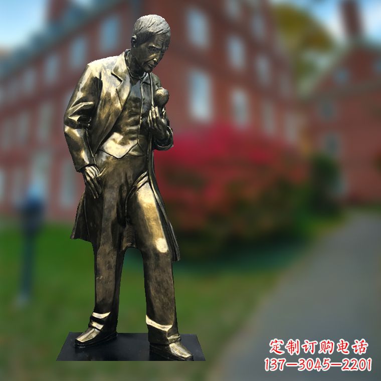 温州爱迪生与灯泡-玻璃钢仿铜校园名人全身雕塑