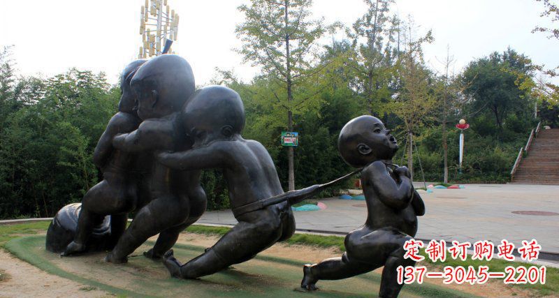 温州拔萝卜的小孩街边景观铜雕