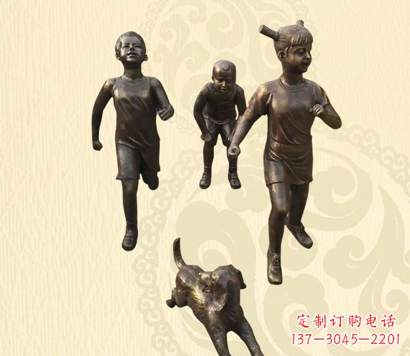 温州奔跑的儿童和小狗小品铜雕