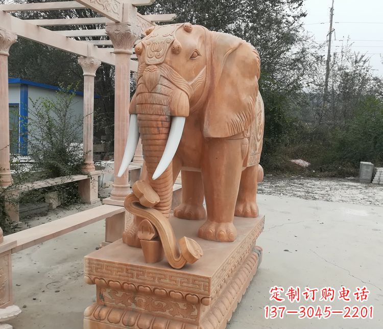 温州鼻卷如意的大象晚霞红门口镇宅石雕