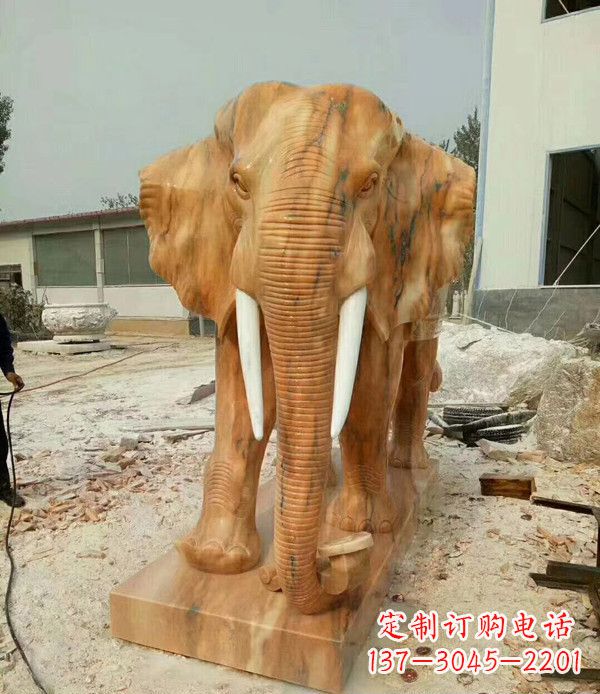 温州鼻卷如意晚霞红招财大象石雕
