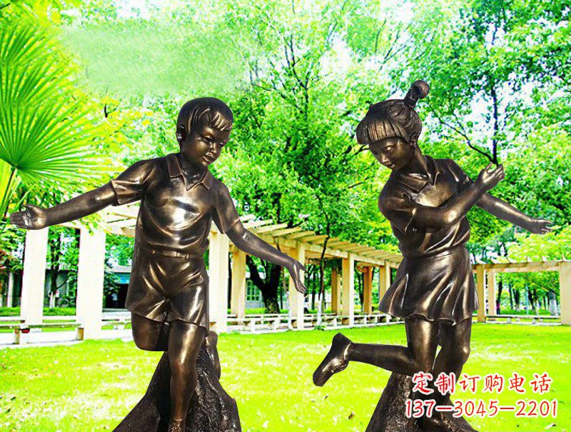 温州编花篮人物公园校园儿童玻璃钢仿铜雕塑