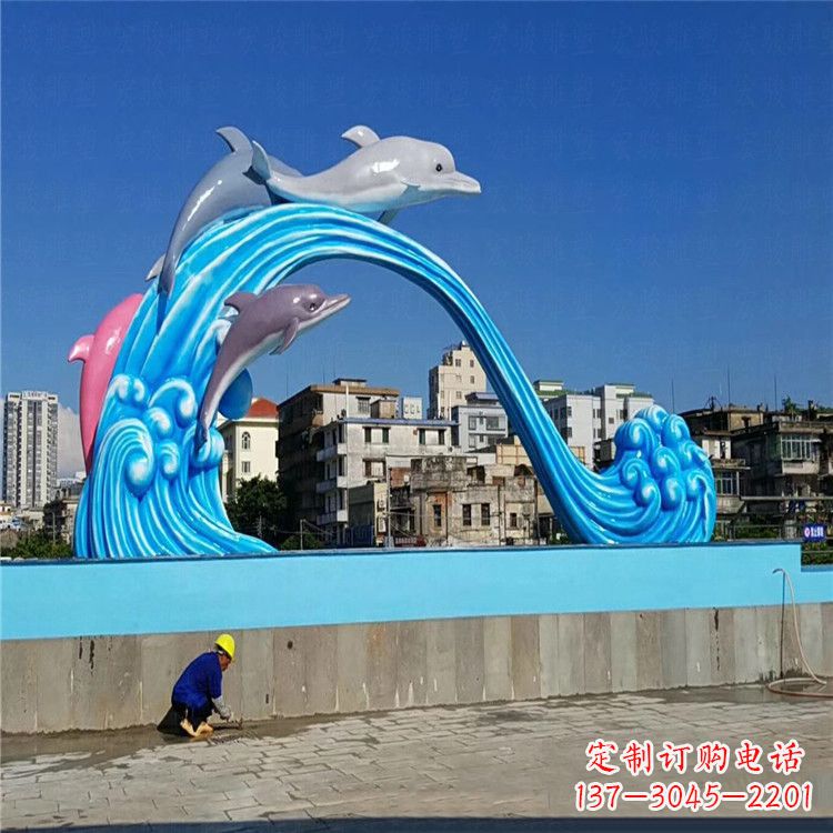 温州玻璃钢大型景观海豚雕塑-游泳馆游乐场景观雕塑