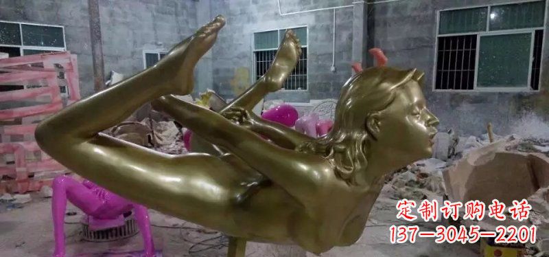 温州玻璃钢仿铜瑜伽女人人物雕塑