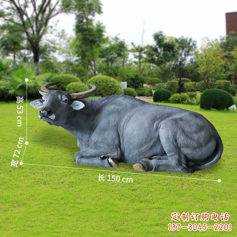 温州玻璃钢卧姿水牛仿真动物雕塑