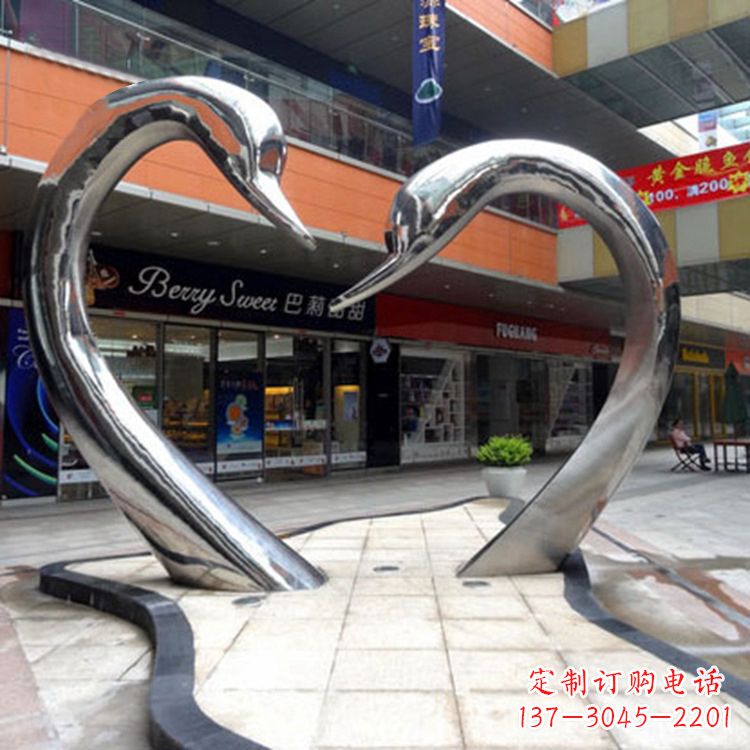 温州不锈钢爱心天鹅情侣雕塑-大型户外广场抽象动物景观摆件心型天鹅头雕塑