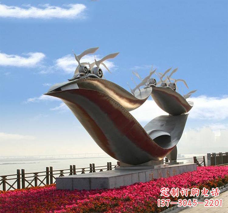 温州不锈钢城市抽象船和海鸥雕塑