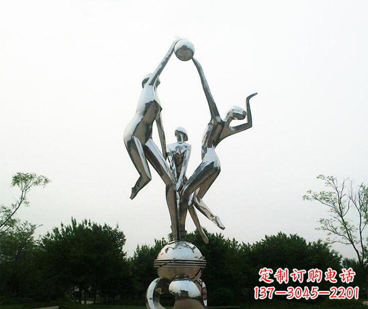 温州不锈钢公园打排球的女孩雕塑