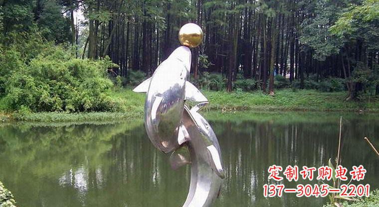 温州不锈钢公园顶球海豚动物雕塑