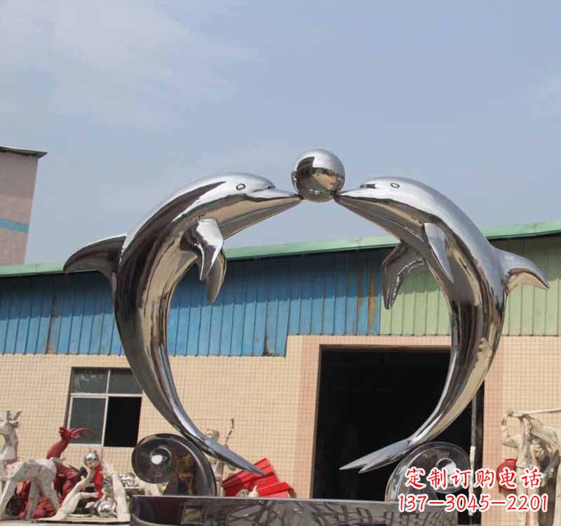 温州不锈钢公园镜面海豚顶球雕塑
