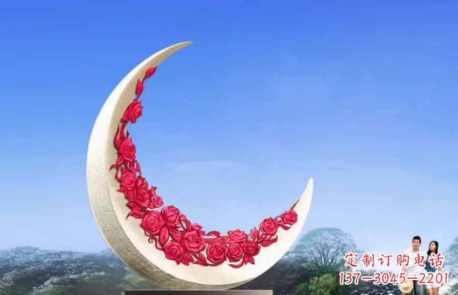 温州不锈钢广场月亮雕塑月光下的璀璨美景