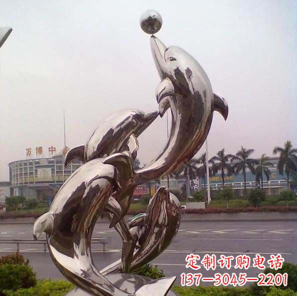 温州不锈钢海豚顶球造型雕塑