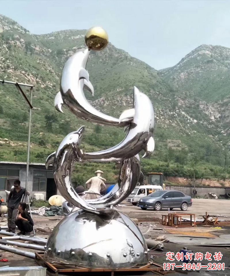 温州不锈钢海豚顶球雕塑1