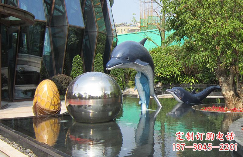 温州不锈钢海豚水景雕塑,企业公园园林创意景观雕塑