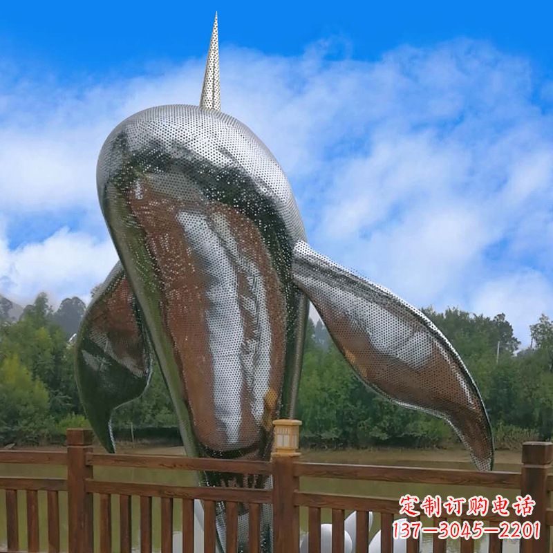 温州不锈钢鲸鱼雕塑,大型海边公园水景动物景观雕塑