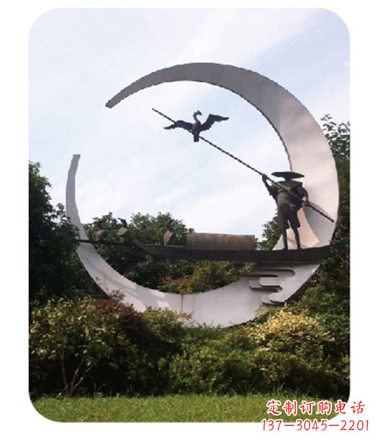 温州不锈钢鸬鹚和渔翁雕塑