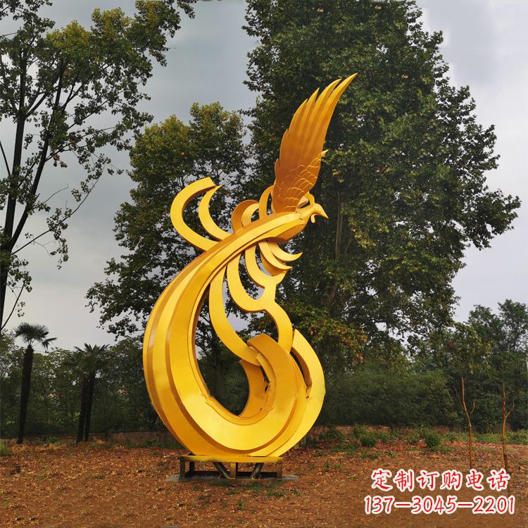 温州不锈钢漆金凤凰雕塑-黄金色园林动物景观雕塑