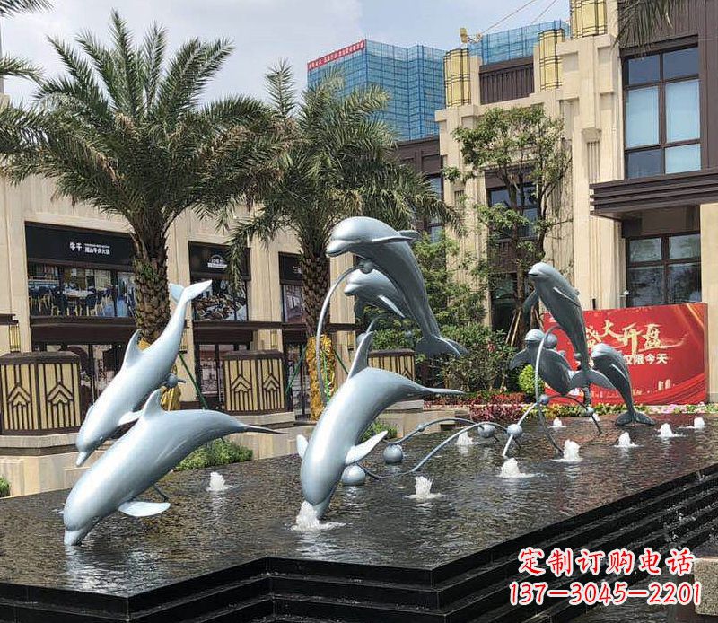 温州不锈钢海豚跳跃喷泉雕塑美丽的艺术装置