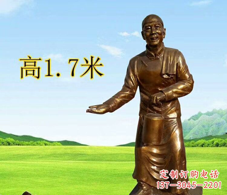 温州茶馆门口店小二玻璃钢仿铜摆件