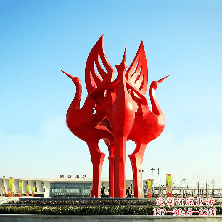 温州城市广场4只展翅欲飞的不锈钢仙鹤动物景观雕塑