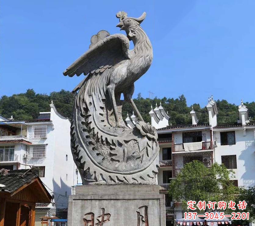 温州城市景点凤凰石雕,青石石刻神兽雕塑