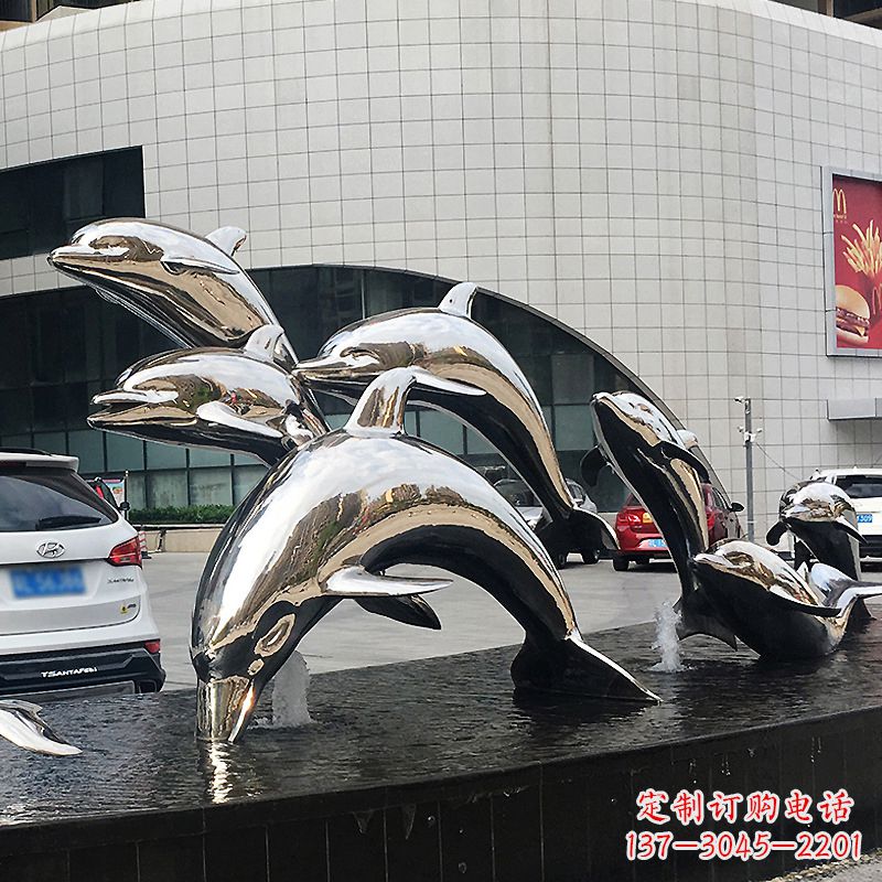 温州城市商场不锈钢镜面海豚水景景观雕塑摆件
