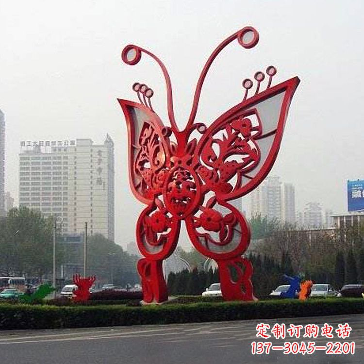 温州城市园林道路绿化带大型红色蝴蝶不锈钢雕塑景观