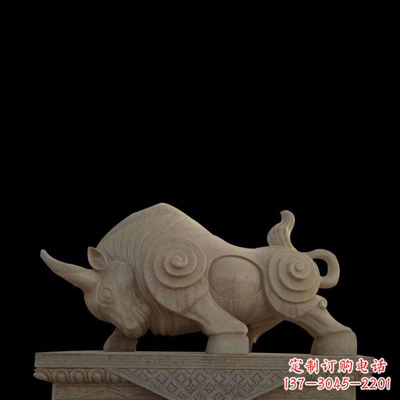 温州抽象牛砂岩雕塑-生肖动物石雕摆件