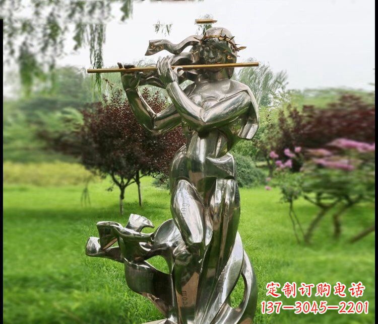 温州吹笛子的女孩公园不锈钢雕塑
