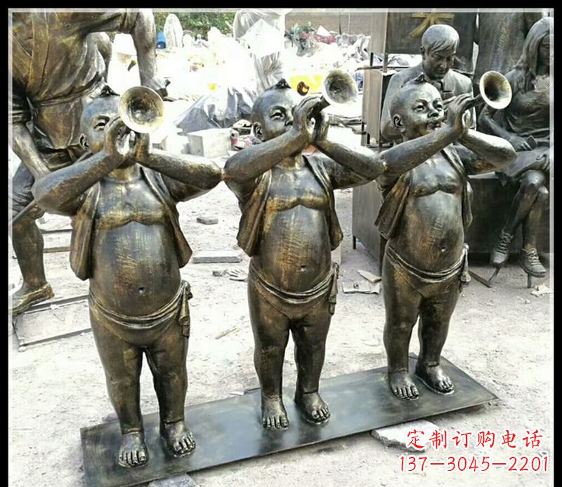 温州吹唢呐的儿童铜雕