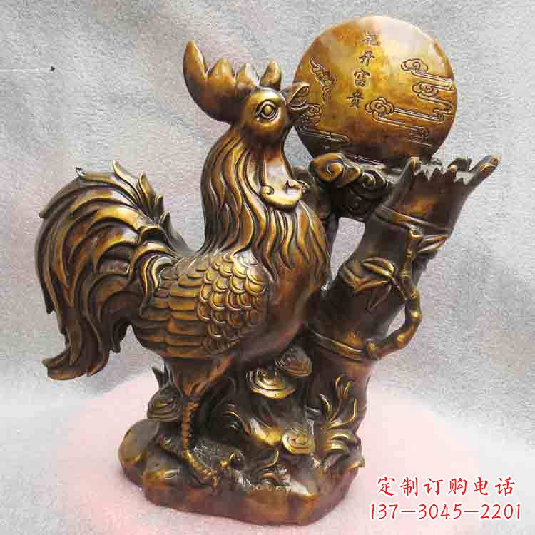 温州纯铜公鸡雕塑-花开富贵生肖动物摆件