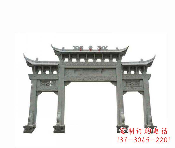 温州村口三门牌楼石雕