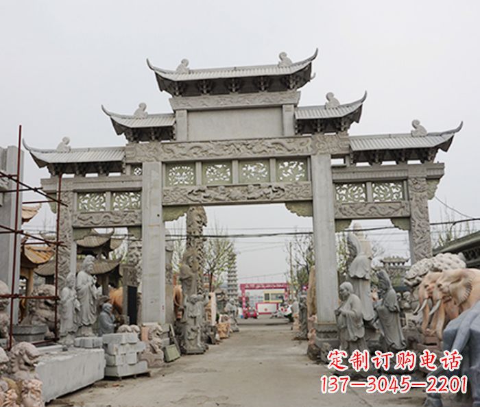 温州村庄大理石三门牌坊石雕 (3)