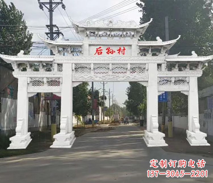 温州村庄三门五楼牌坊石雕 (2)