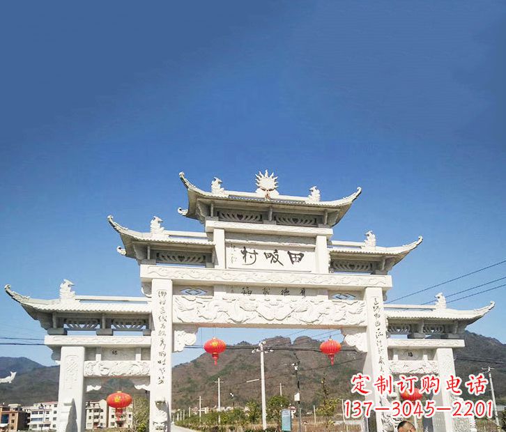 温州村庄三门五楼石牌坊石雕 (2)