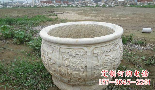 温州大理石鸳鸯园林景观石雕花盆