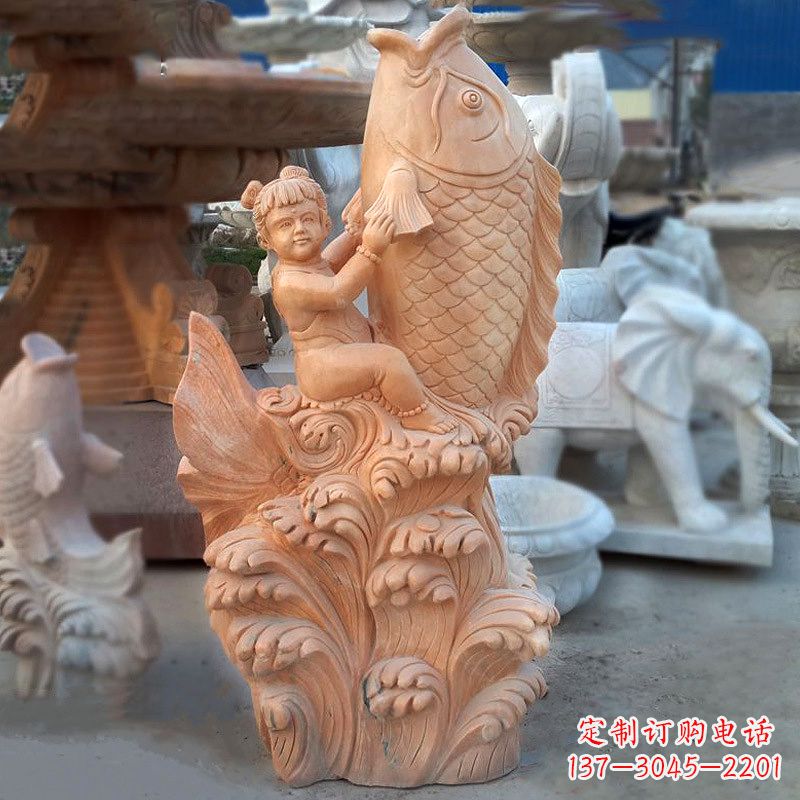 温州大型喷水鲤鱼景观雕塑-晚霞红石雕动物喷泉