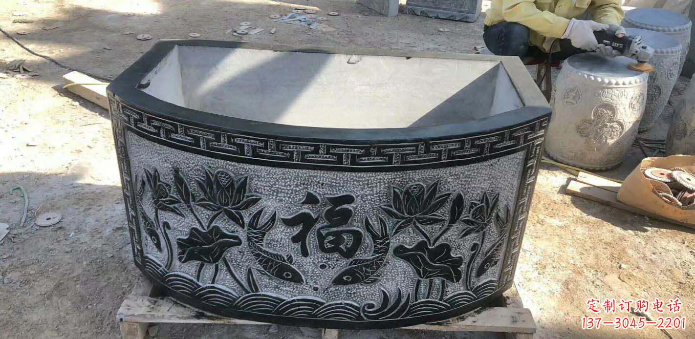 温州精致方口石浮雕水缸雕塑