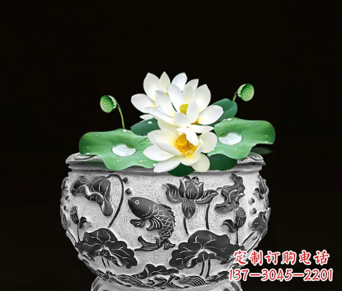 温州仿古荷花鲤鱼雕塑石水缸