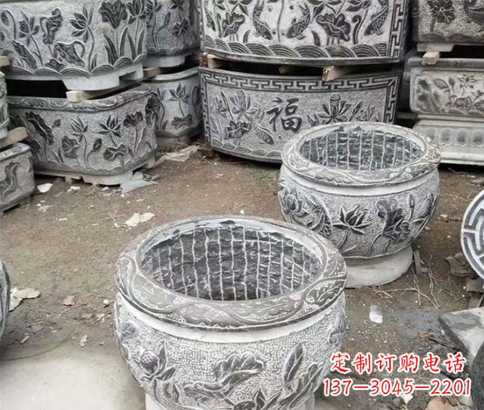 温州仿古荷花石浮雕水缸塑像
