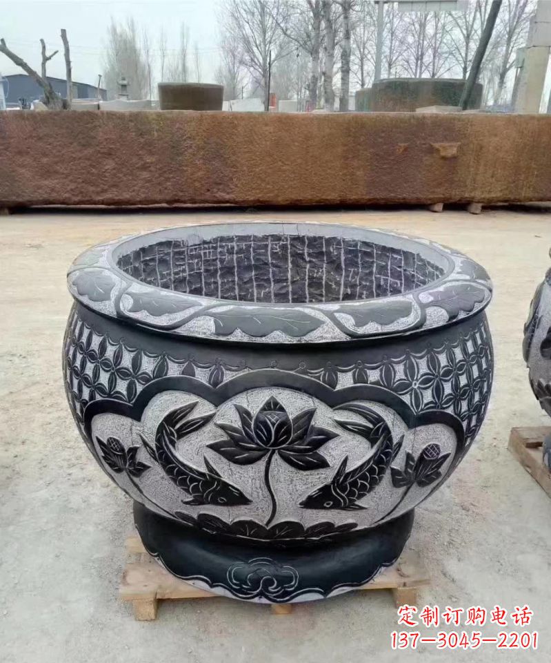 温州仿古石雕荷花鲤鱼水缸