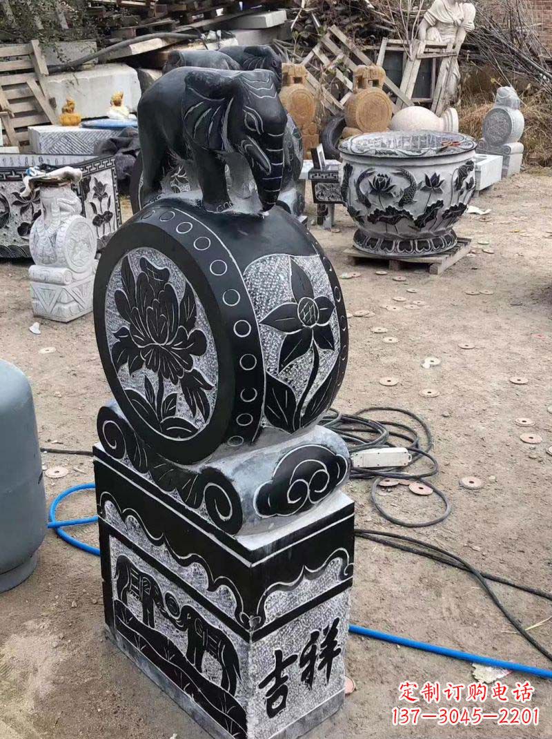 温州传统工艺小象抱鼓石雕塑