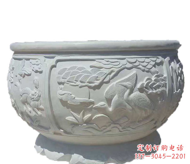 温州仿古鱼缸石雕花盆摆件