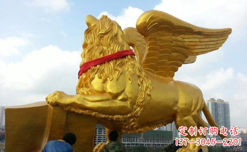 温州仿铜飞狮玻璃钢动物雕塑