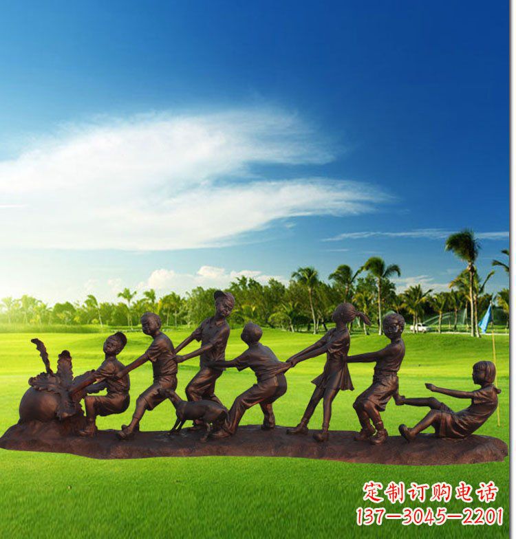 温州公园拔萝卜儿童玻璃钢仿铜雕塑