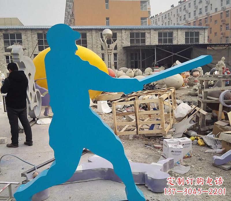 温州公园不锈钢打棒球雕塑2