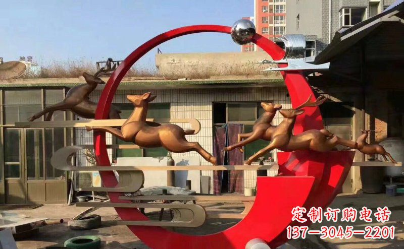 温州公园不锈钢梅花鹿祥云仙鹤雕塑 (2)