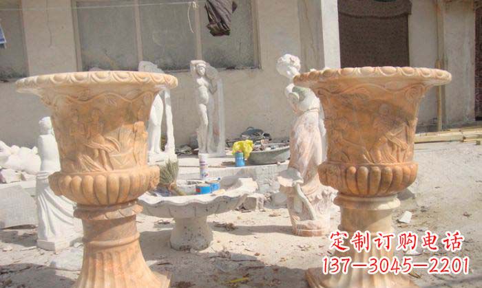 温州公园景观晚霞红花盆石雕
