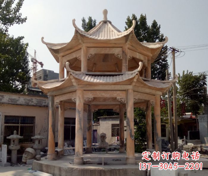 温州公园景观晚霞红双层石雕凉亭