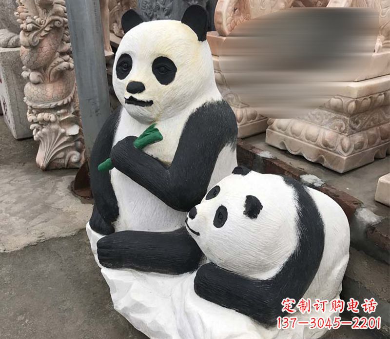 温州领雕塑——公园母子熊猫石雕